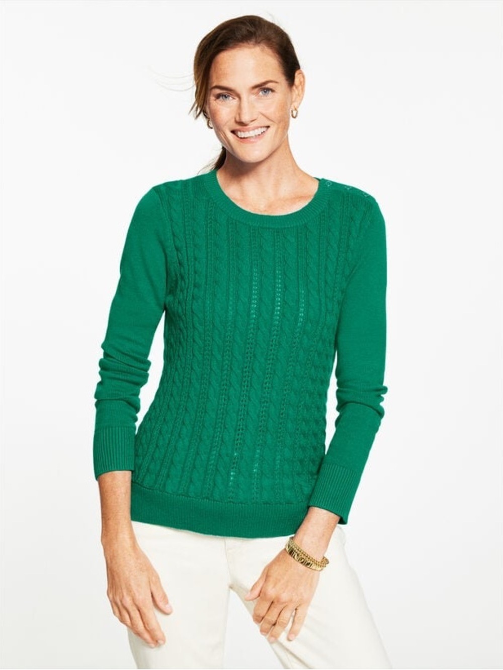 Talbots Emerald Green Cable-Knit Crewneck Sweater Lush Green S-Petite NWOT - Picture 2 of 7